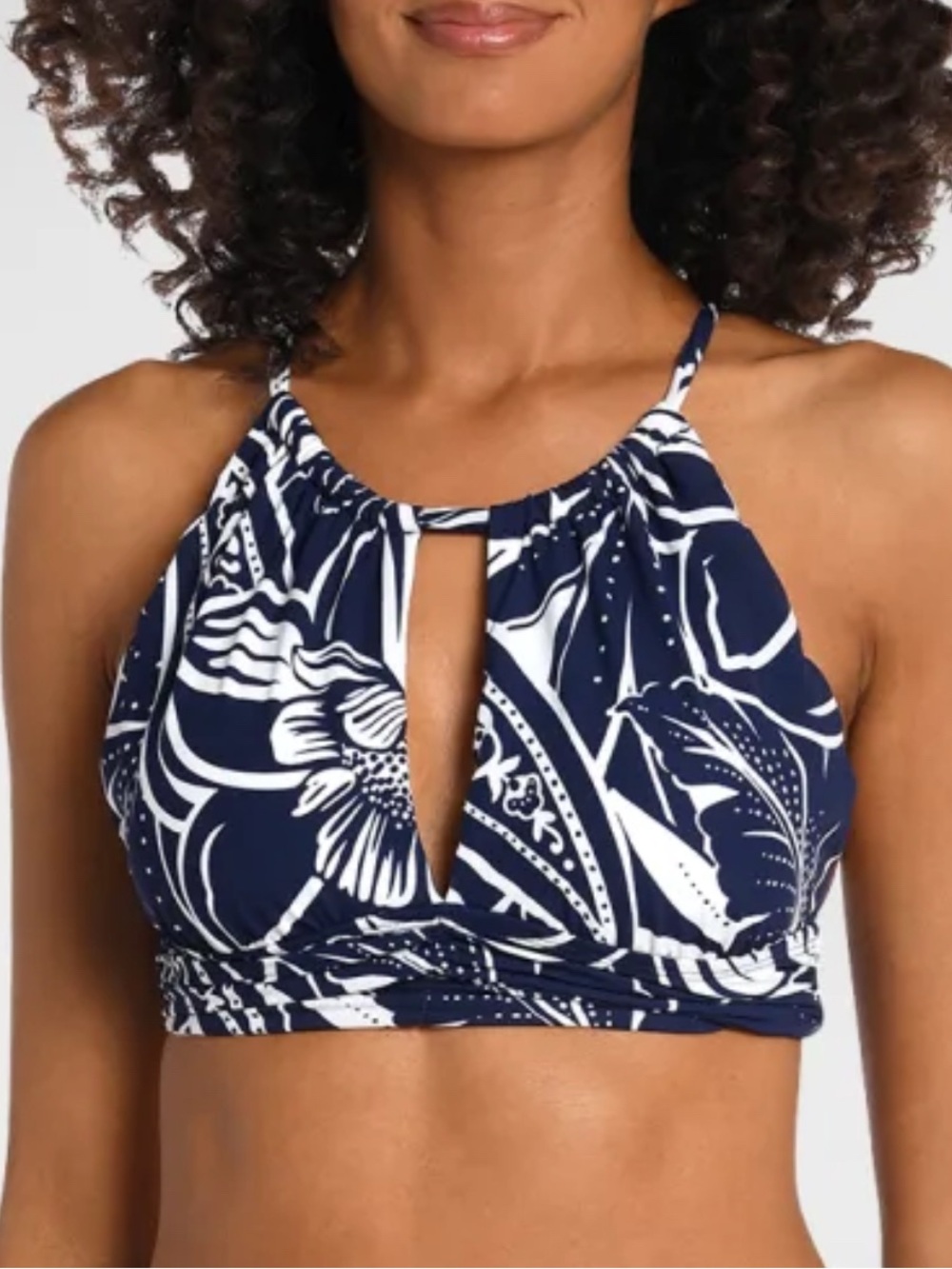 La Blanca Women’s Navy & White Floral High-Neck Swim Top